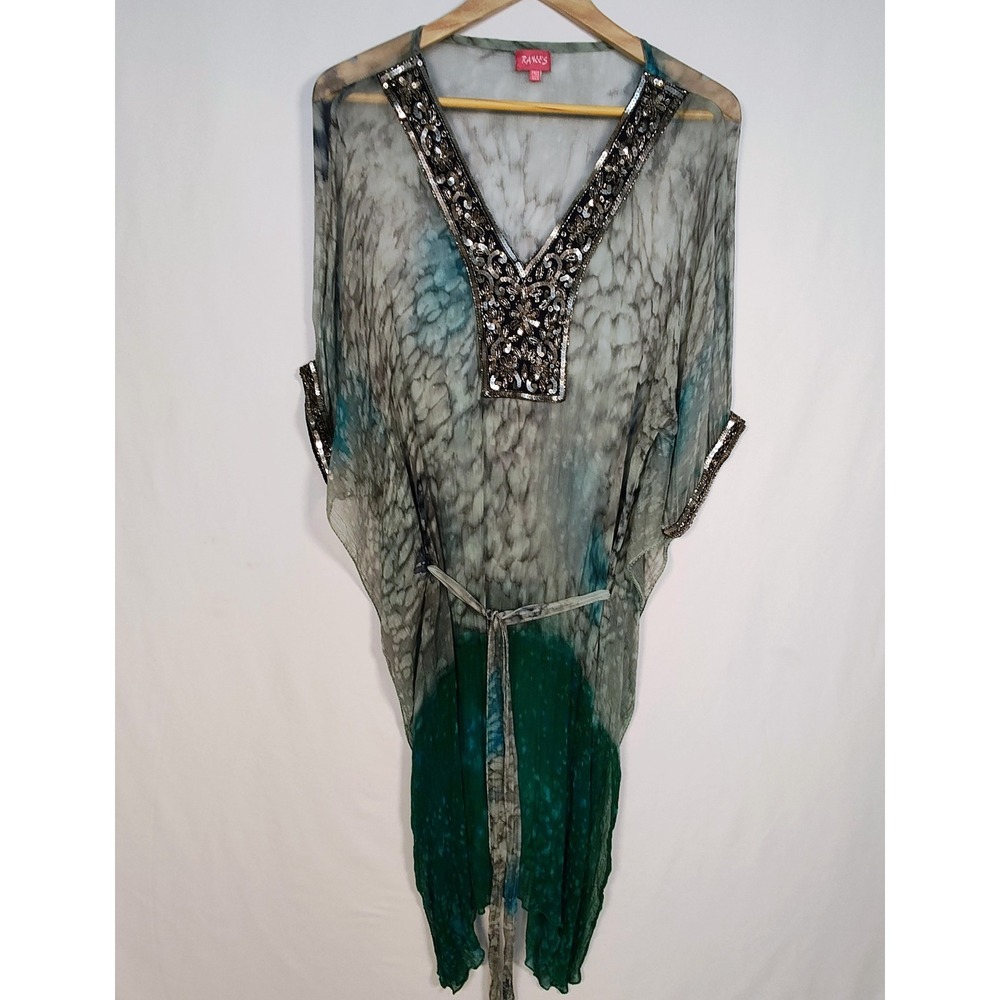 Ranee's Embellished Sheer Swim Cover‑Up Kaftan Green Grey Sequin V-Neck OS
